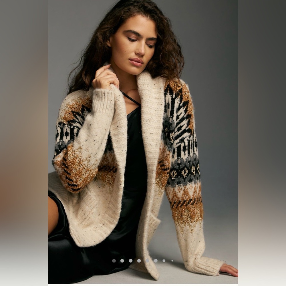 Anthropologie Cream and Brown Patterned Cardigan